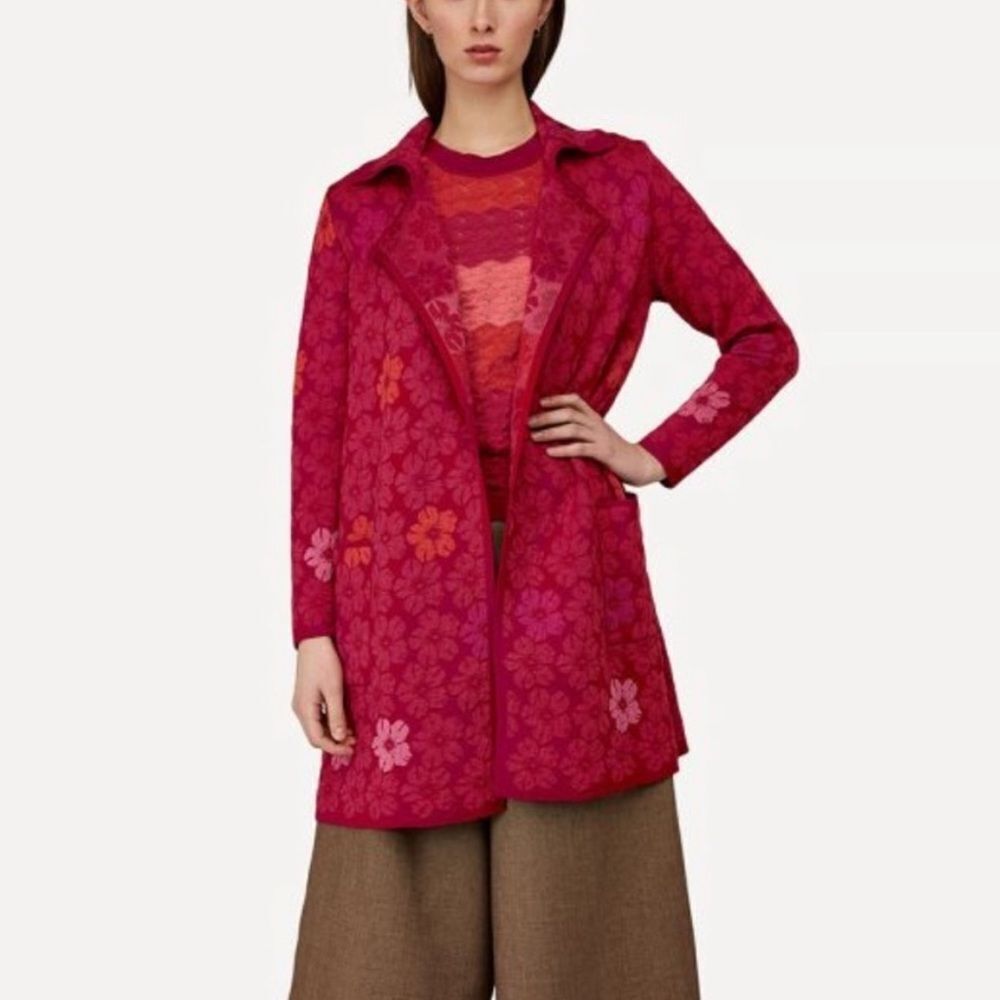 Oleana Portugal Bloss Long Cardigan Sweater Jacket – Red Pink Floral, Sz M
